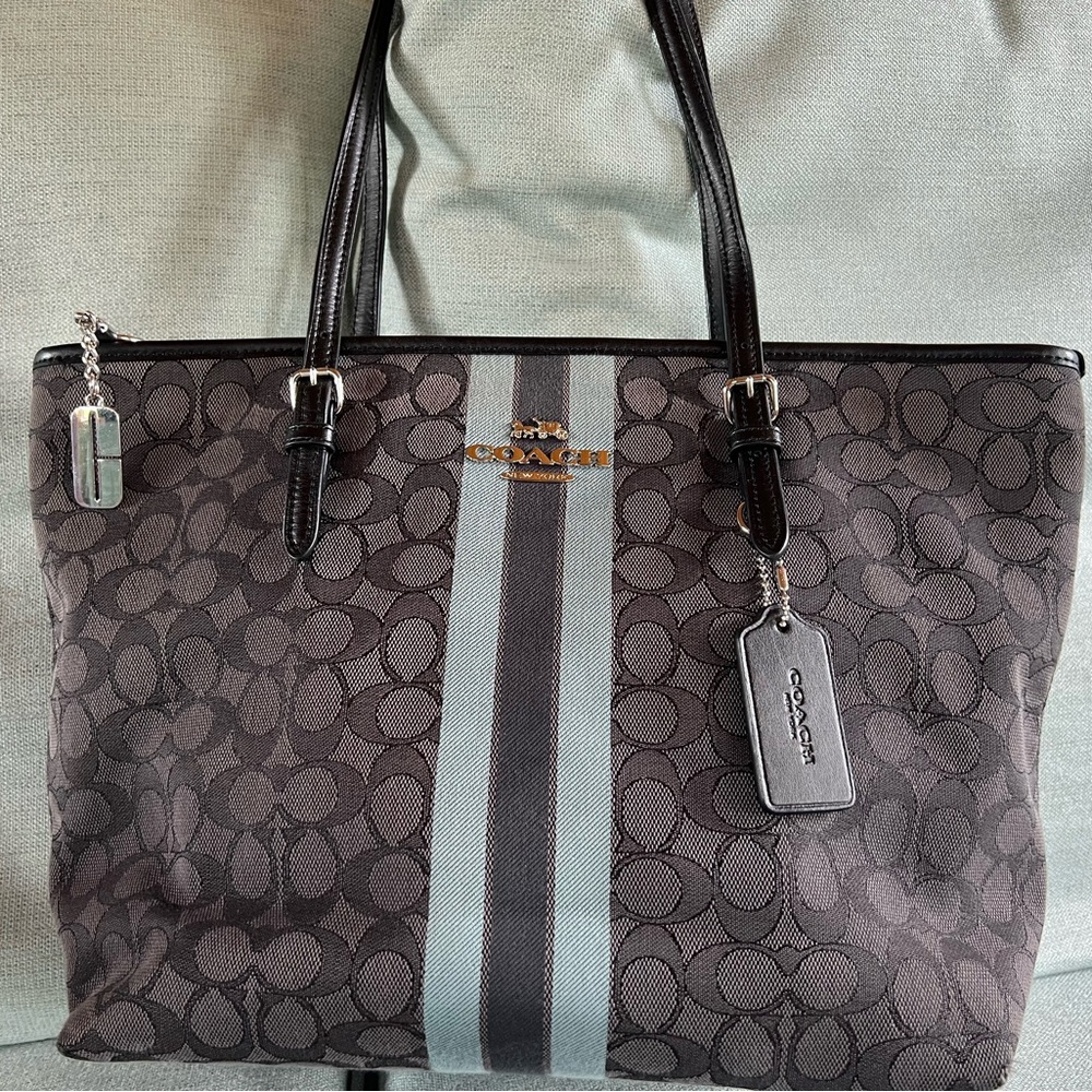 Coach Black and Teal Signature Canvas Tote. NWOT